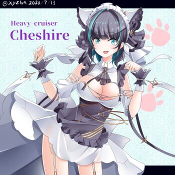 1girl absurdres animal_ears apron aqua_eyes aqua_streaks azur_lane black_hair blue_nails breasts character_name cheshire_(azur_lane) cleavage commentary_request cowboy_shot detached_sleeves dress fake_animal_ears frilled_apron frills garter_straps hebitsukai-san highres long_ribbon maid_headdress multicolored_hair nail_polish open_mouth puffy_detached_sleeves puffy_short_sleeves puffy_sleeves purple_apron purple_wrist_cuffs short_sleeves solo streaked_hair white_dress white_garter_straps wrist_cuffs