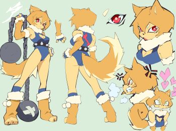 1girl aetherion anger_vein animal_ears animal_nose ass ball_and_chain_(weapon) blue_leotard bone breasts cleavage cleavage_cutout clothing_cutout commentary dog_ears dog_girl elbow_gloves english_commentary full_body furry furry_female gloves green_background hair_between_eyes hand_on_own_hip heart highres holding holding_weapon leotard looking_at_viewer multiple_views ninja open_mouth original pom_pom_(clothes) red_eyes shiba_inu short_hair smile standing tail weapon