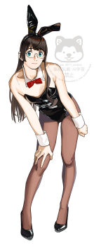 1girl absurdres animal_ear_hairband animal_ears black_hair black_leotard blue_eyes bow bowtie breasts brown_pantyhose detached_collar fake_animal_ears hairband highres kantai_collection leotard long_hair looking_at_viewer ojipon ooyodo_(kancolle) pantyhose playboy_bunny rabbit_ears red_eyes see-through_strap simple_background small_breasts solo strapless strapless_leotard watermark white_background wrist_cuffs