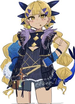 1234eabc 1girl aged_down armlet belt black_shirt black_shorts blonde_hair blue_arm_warmers blush body_markings braid braided_twintails clothing_cutout dark-skinned_female dark_skin dragon_girl dragon_horns dragon_tail earrings facial_mark fate/grand_order fate_(series) gold_armlet hair_ornament hairclip highres horns jewelry lace-trimmed_shorts lace_trim long_hair looking_at_viewer shirt shoes shorts side_labret_piercing solo standing tail vritra_(fate) vritra_(young)_(fate) yellow_eyes