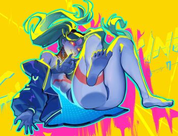 1girl ass barefoot breasts cleavage colored_sclera colored_skin cyberpunk:_edgerunners cyberpunk_(series) english_text full_body glowing glowing_eyes green_hair hair_down highres huge_ass jacket jacket_partially_removed leg_tattoo long_hair looking_back lying maealgae1 navel neck_tattoo nipples purple_lips reaching reaching_towards_viewer rebecca_(cyberpunk) red_sclera shaded_face simple_background smile solo sweat tattoo thong twintails white_background white_skin yellow_background