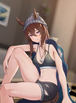 1girl animal_ears bare_shoulders beanie black_shorts black_tank_top blue_jacket blurry blurry_background blush breasts brown_hair cai_ji_(user_jmrv4342) cleavage closed_mouth commentary_request dice dice_necklace ear_ornament grey_hat hair_between_eyes hat horse_ears horse_girl horse_tail indoors jacket jacket_on_shoulders jewelry knee_up letterman_jacket medium_breasts mouth_hold nakayama_festa_(umamusume) navel necklace purple_eyes shorts sitting solo stomach tail tank_top torn_clothes torn_shorts umamusume