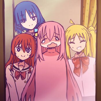 ahoge animated animated_gif blonde_hair blue_hair bocchi_the_rock! bow cube_hair_ornament curtains gotoh_hitori greedydeviant grin hair_ornament hairclip high_side_ponytail ijichi_nijika kita_ikuyo looking_at_viewer nervous_sweating omori pink_hair polka_dot polka_dot_bow red_hair red_ribbon ribbon school_uniform scrunchie shimokitazawa_high_school_uniform shuka_high_school_uniform smile sweat sweatdrop yamada_ryo