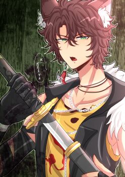 1boy absurdres animal_ear_fluff animal_ears black_vest brown_hair chain chain_necklace commentary_request drawing_sword fang green_background green_eyes hair_between_eyes highres holding holding_sword holding_weapon jewelry katana koruri456 looking_at_viewer mahjong_soul male_focus necklace open_mouth shirt short_hair sleeveless sleeveless_shirt solo sword translation_request upper_body vest weapon wolf_boy wolf_ears yellow_shirt zechs_(mahjong_soul)
