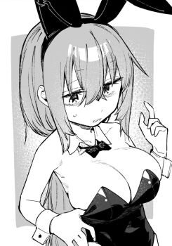 1girl animal_ears armpits bare_shoulders blush breasts cleavage fake_animal_ears grey_background greyscale large_breasts long_hair looking_at_viewer looking_down michinoku_komaro monochrome muchi_maro playboy_bunny rabbit_ears seitokai_ni_mo_ana_wa_aru! solo two-tone_background