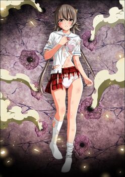 1girl beaten blush bra brown_eyes brown_hair bruise bruise_on_arm bruise_on_face bruise_on_leg bruise_on_stomach bullet_hole checkered_clothes checkered_skirt defeat dirty dirty_clothes full_body hairband hand_on_own_chest injury kneehighs koeda0111 long_sidelocks lying miniskirt no_shoes on_back open_mouth original panties peril pigeon-toed pink_bra pink_panties plant pleated_skirt red_hairband red_skirt ryona sailor_collar scared school_uniform scratches shirt short_hair_with_long_locks short_sleeves sidelocks skirt smoke smoke_trail socks teeth torn torn_bra torn_clothes torn_panties torn_shirt torn_skirt torn_sleeves torn_socks underwear utsugi_chisaki very_long_sidelocks vines violence white_shirt yotsuba_no_senki_clover_rose