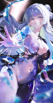 Rule 34 | 1girl, absurdres, bbeedol, black hole, bodysuit, breasts, collarbone, commentary, earrings, gluteal fold, goddess of victory: nikke, grey eyes, grey hair, highres, jewelry, large breasts, long hair, looking at viewer, mole, mole under eye, navel, nayuta (nikke), nayuta (wu wei) (nikke), official alternate costume, outstretched arm, parted lips, purple bodysuit, thigh gap