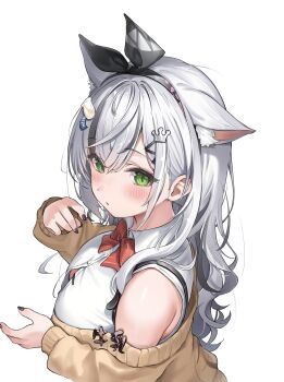 Rule 34 | 1girl, absurdres, animal ear fluff, animal ears, bare shoulders, black hairband, blush, bow, bowtie, breasts, brown cardigan, button gap, cardigan, cat ears, cat girl, cleavage, closed mouth, commentary request, fingernails, green eyes, grey hair, hair ornament, hairband, hairclip, highres, long hair, looking at viewer, nail polish, nekoya minamo, original, red bow, red bowtie, school uniform, shirt, simple background, solo, white background, white shirt