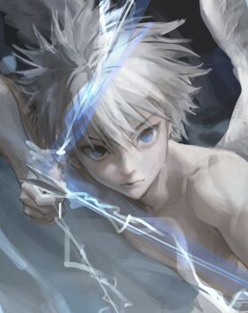 1boy blue_eyes bow_(weapon) closed_mouth commentary_request highres holding holding_bow_(weapon) holding_weapon hunter_x_hunter killua_zoldyck kimgyunyu korean_commentary male_focus nude short_hair solo upper_body v-shaped_eyebrows weapon white_hair wings