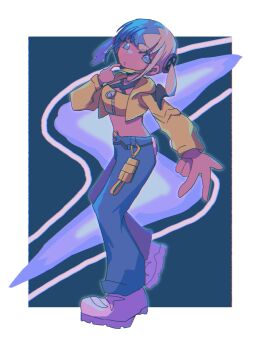 1girl absurdres aqua_hair bandeau belt black_belt black_mask black_pants blonde_hair blue_eyes blue_pants breasts canari_(pokemon) criss-cross_straps dark-skinned_female dark_skin highres jacket long_sleeves mask mask_pull mega_stone mouth_mask multicolored_hair navel nintendo pants pokemon pokemon_legends:_z-a saltmusubi_12 short_twintails solo split-color_hair sports_bra twintails two-tone_hair two-tone_mask two-tone_pants yellow_bandeau yellow_jacket yellow_mask yellow_sports_bra