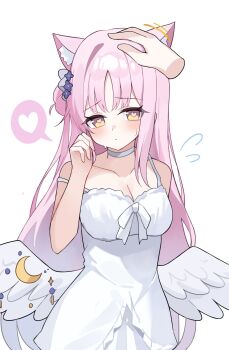 1girl animal_ear_fluff animal_ears bare_shoulders blue_archive blush breasts cat_ears choker cleavage closed_mouth collarbone commentary disembodied_hand dress feathered_wings hand_up headpat heart heart-shaped_pupils highres kemonomimi_mode long_hair looking_at_viewer low_wings medium_breasts mika_(blue_archive) muki_c pink_hair simple_background sleeveless sleeveless_dress solo_focus spoken_heart strap_slip symbol-shaped_pupils very_long_hair white_background white_choker white_dress white_wings wings yellow_eyes