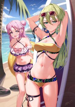 2_ru 2girls absurdres alina_gray alina_gray_(swimsuit_costume) aqua_eyes arm_strap beach bikini breasts cleavage collarbone double_bun dress earrings eyewear_on_head frilled_bikini frills green_hair hair_bun hair_ornament highres holding holding_swim_ring innertube jewelry magia_record:_mahou_shoujo_madoka_magica_gaiden mahou_shoujo_madoka_magica misono_karin misono_karin_(swimsuit_costume) multiple_girls palm_tree pink_eyes pink_hair purple_dress star_(symbol) star_hair_ornament sunglasses surfboard swim_ring swimsuit tree yellow_bikini