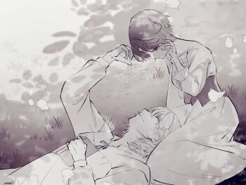 Rule 34 | 1boy, 1girl, black hair, blonde hair, book, breasts, commentary request, dress, final fantasy, final fantasy xvi, greyscale, hair between eyes, hand in another's hair, hetero, highres, holding, holding book, joshua rosfield, jote (ff16), kneeling, lap pillow, long dress, medium breasts, mole, mole under eye, monochrome, ohayo usaki, parted bangs, reclining, shirt, short hair, white dress, white shirt