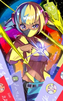 1girl aqua_hair aqua_pants bandeau belt black_belt black_hair black_mask black_pants blonde_hair breasts canari_(pokemon) commentary_request dark-skinned_female dark_skin gen_4_pokemon gen_5_pokemon highres inana_umi iono_(pokemon) jacket looking_at_viewer mask medium_breasts midriff mouth_mask multicolored_hair navel nintendo open_clothes open_jacket pants pokemon pokemon_(creature) pokemon_legends:_z-a pokemon_sv purple_eyes rotom rotom_phone scrafty solo substitute_(pokemon) twintails two-tone_mask two-tone_pants yellow_bandeau yellow_jacket yellow_mask