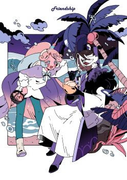 1boy 1other affogato_cookie aqua_pants basket beach black_jacket blue_hair border brown_hair capelet ckrn_latte coconut coconut_cup coconut_tree colored_skin cookie_run cookie_run:_kingdom cream_unicorn_cookie dark-skinned_male dark_skin dorsiflexion flat_color friends full_body furisode_sleeves highres holding holding_basket humanization jacket leaning_forward long_sleeves looking_at_another multicolored_hair open_mouth outside_border palm_leaf palm_tree pants pink_hair pink_skin purple_capelet purple_shirt robe shading_eyes shirt shore sitting split_ponytail streaked_hair tree unicorn_horn very_dark_skin waving white_border white_hair white_robe white_shirt