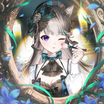 1girl absurdres alternate_costume animal_ear_fluff animal_ears aqua_nails blush bow brown_hair cat_ears cat_girl dress facial_mark genshin_impact green_bow grey_hair hair_bow hat highres holding holding_brush holding_makeup_brush kkopoli long_hair long_sleeves looking_at_viewer lynette_(genshin_cafe_in_seoul)_(genshin_impact) lynette_(genshin_impact) makeup_brush mirror one_eye_closed purple_eyes solo star_(symbol) star_facial_mark