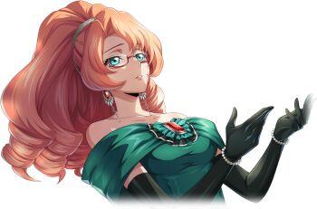 1girl aqua_eyes bare_shoulders bracelet breasts code_geass code_geass:_dakkan_no_roze code_geass:_lost_stories dress drill_hair earrings elbow_gloves f4samurai game_cg glasses gloves green_dress green_gloves highres jewelry long_hair natalia_luxembourg official_art orange_hair ponytail simple_background solo teeth transparent_background