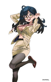 1girl ahoge arms_up belt black_hair breasts brown_belt brown_eyes brown_shoes cleavage commentary daferq english_commentary floating_hair glasses grey_pantyhose highres lanyard large_breasts leg_up long_hair long_sleeves looking_at_viewer midriff name_tag office_lady open_mouth original pantyhose partially_unbuttoned pencil_skirt shirt shoes simple_background skirt smile solo swept_bangs teeth twitter_username upper_teeth_only white_background yellow_shirt yellow_skirt