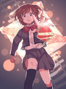 Rule 34 | 1girl, aijou karen, backlighting, black eyes, black socks, blurry, bokeh, bow, bowtie, brown hair, collared shirt, commentary request, cross, crown hair ornament, curled fingers, depth of field, falling, feet out of frame, glint, gradient background, grey background, grey jacket, grey skirt, hair ornament, hazime1 1, jacket, knee up, kneehighs, looking at viewer, miniskirt, open clothes, open jacket, outstretched arm, parted bangs, parted lips, pleated skirt, radial gradient background, railroad tracks, reaching, reaching towards viewer, red bow, red bowtie, school uniform, seishou music academy uniform, shirt, shirt tucked in, shoujo kageki revue starlight, skirt, socks, solo, straight-on, tokyo tower, two side up, unworn hair ornament, white shirt