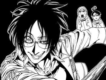 1girl 2boys artist_request character_request glasses hange_zoe monochrome multiple_boys ponytail round_eyewear shingeki_no_kyojin smile