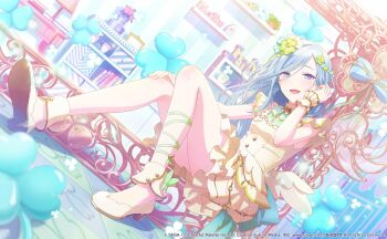 1girl adjusting_hair ankle_cuffs aqua_bow aqua_theme artist_collaboration back_bow bare_legs belly_chain blue_bow blue_eyes blue_hair blurry book bow breasts brooch buttons chain checkered_floor clover clover_brooch clover_hair_ornament clover_print coffee_mug colorful_palette commentary_request cup depth_of_field desk desk_lamp dot_nose drawer dress dutch_angle eyelashes fingernails floor flower flower_pot frilled_dress frills full_body game_cg glint gold_chain gold_trim green_ribbon group_name haikei_ano_koro_no_watashi_e_(project_sekai) hair_bow hair_ornament hand_on_own_knee hand_up heart heart_hair_ornament high_heels highres hinomori_shizuku indoors jewelry knees_together_feet_apart kuwabara_(mola_8) lamp layered_dress leg_ribbon legs light_particles long_hair looking_at_viewer medium_breasts mole mole_under_mouth mug neck_ribbon nightstand official_art open_mouth picture_frame pink_flower pink_rose plant potted_plant project_sekai pumps ribbon rose shelf shoe_soles shoes single_horizontal_stripe sitting sleeveless sleeveless_dress smile solo teacup tray truss tsurime underbust vase wallpaper_(object) white_shoes white_wings wing_brooch wings wrist_cuffs yellow_dress