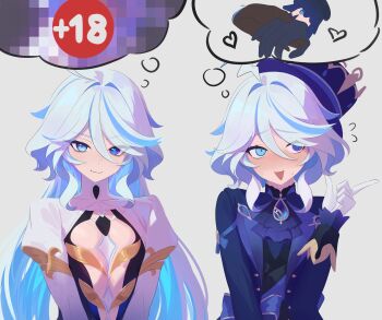 2girls absurdres ahoge anonds31 ascot black_shirt blue_dress blue_eyes blue_hair blue_hat blue_jacket blush brooch censored center_opening commentary dress drop-shaped_pupils english_commentary english_text flat_chest focalors_(genshin_impact) furina_(genshin_impact) genshin_impact gloves hat heterochromia highres holding_hands index_finger_raised jacket jewelry juliet_sleeves light_smile long_hair long_sleeves looking_at_viewer looking_to_the_side lowered_eyelids mini_hat mini_top_hat mosaic_censoring multicolored_hair multiple_girls nervous open_clothes open_jacket open_mouth ouji_fashion puffy_sleeves sash shirt short_hair smile speech_bubble streaked_hair symbol-shaped_pupils thought_bubble top_hat v_arms white_background white_hair