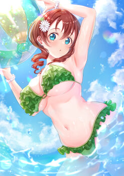 Rule 34 | :o, absurdres, aqua eyes, armpits, arms up, ball, beachball, bikini, blue sky, blush, breasts, brown hair, cleavage, cloud, commentary request, day, drill hair, emma verde, emma verde (kujibikido swimsuit), flower, frilled bikini, frills, green bikini, hair between eyes, hair flower, hair ornament, highres, holding, holding ball, holding beachball, iroenpitsu xxx, large breasts, lens flare, long hair, looking at viewer, love live!, love live! nijigasaki high school idol club, navel, official alternate costume, open mouth, outdoors, partially submerged, sky, sunlight, swimsuit, underboob, wading, white flower