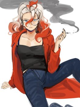 Rule 34 | 1girl, alternate costume, black tank top, blonde hair, blue eyes, denim, glasses, griselle (pokemon), highres, jacket, jeans, looking at viewer, multicolored hair, nintendo, pants, pokemon, pokemon legends: z-a, ponytail, popotocurry, red hair, red jacket, simple background, sitting, smoking, solo, tank top, two-tone hair, upper body, white-framed eyewear, white background