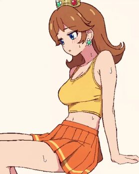 1girl animated blue_eyes blush bouncing_breasts breasts cleavage collarbone cowboy_shot crop_top crown earrings fujichamo heavy_breathing highres jewelry looking_at_viewer mario_(series) medium_breasts midriff navel nintendo one_eye_closed orange_skirt pleated_skirt princess_daisy shirt sitting skirt sleeveless sleeveless_shirt smile sweat tagme thighs video waving yellow_shirt