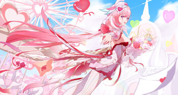 1girl absurdres amusement_park beret blue_sky bouquet breasts carousel diamond-shaped_pupils diamond_(shape) dress earrings elf elysia_(hi_love_elf)_(honkai_impact) elysia_(honkai_impact) ferris_wheel flower gokusaishiki_(1376145360) hat heart heart_earrings highres holding holding_bouquet honkai_(series) honkai_impact_3rd jewelry large_breasts long_hair looking_at_viewer pink_hair pointy_ears purple_eyes sideboob sky solo symbol-shaped_pupils thighhighs very_long_hair white_dress white_thighhighs