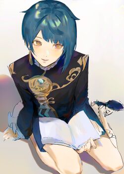 Rule 34 | 1boy, blue hair, book, boots, chinese clothes, commentary, earrings, fae (faereiyon), genshin impact, highres, jewelry, knee boots, long sleeves, male focus, open book, open mouth, short hair, single earring, sitting, solo, symbol-only commentary, tassel, tassel earrings, xingqiu (genshin impact), yellow eyes, yokozuwari