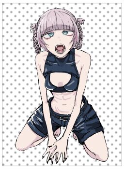 absurdres bare_shoulders blue_eyes braid breasts cleavage_cutout clothing_cutout fangs fingernails highres kneeling long_fingernails nanakusa_nazuna_(yofukashi_no_uta) open_mouth pink_hair reiquant shorts small_breasts solo twin_braids vampire yofukashi_no_uta