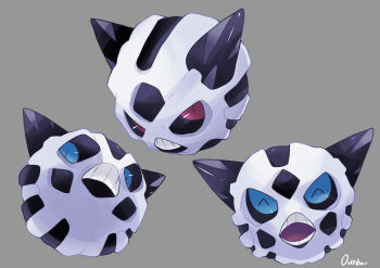 absurdres alternate_color blue_eyes commentary_request gen_3_pokemon glalie grey_background grid_teeth happy highres nintendo no_humans open_mouth ouran pokemon pokemon_(creature) red_eyes shiny_and_normal shiny_pokemon signature simple_background solo