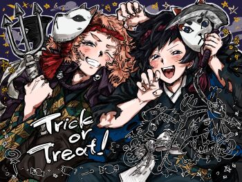 2boys alternate_costume black_hair black_kimono blue_eyes clenched_teeth english_text fox_mask highres holding japanese_clothes kikkoumon kimetsu_no_yaiba kimono looking_at_viewer male_focus mask multiple_boys multiple_views open_mouth orange_hair paw_pose print_kimono pumpkin purple_eyes sabito_(kimetsu) smile spiked_hair teeth tomioka_giyuu tongue trick_or_treat upper_teeth_only x8_rhexp