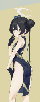1girl absurdres ass black_dress black_gloves black_hair blue_archive blue_eyes blush braid breasts bun_with_braided_base butterfly_hair_ornament china_dress chinese_clothes chinese_commentary closed_mouth commentary double_bun dragon_print dress eyes_visible_through_hair feet_out_of_frame film_grain from_behind frown furrowed_brow gloves grey_halo hair_between_eyes hair_bun hair_ornament halo hand_up highres kisaki_(blue_archive) kneepits long_hair looking_at_viewer looking_back no_panties pelvic_curtain print_dress sercet sidelocks simple_background sleeveless sleeveless_dress small_breasts solo split_mouth standing straight_hair thighs tsurime twintails yellow_background