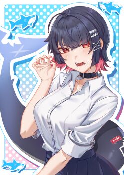 Rule 34 | 1girl, absurdres, black choker, black hair, blush, breasts, candy, choker, claw pose, colored inner hair, commentary request, ellen joe, ellen joe (on campus), fingernails, fins, fish tail, food, grey skirt, hair between eyes, hair ornament, highres, large breasts, lollipop, long sleeves, looking at viewer, mizumi yukishiro, multicolored hair, nail polish, official alternate costume, open mouth, orange eyes, pantyhose, pink hair, pleated skirt, red nails, school uniform, shark girl, shark tail, sharp fingernails, sharp teeth, shirt, short hair, skirt, solo, tail, teeth, three-quarter sleeves, white shirt, x hair ornament, zenless zone zero