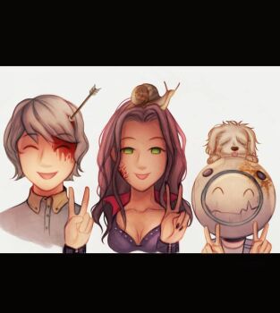 Rule 34 | 1girl, 2boys, animal, animal on head, arrow (projectile), arrow in body, arrow in head, black bra, black nails, blood, blood on face, bra, breasts, brown hair, buttons, cleavage, closed eyes, collarbone, collared shirt, commentary, crack, dog, english commentary, eric (kyokugen dasshutsu), fingernails, gab (kyokugen dasshutsu), green eyes, helmet, highres, injury, kyokugen dasshutsu, letterboxed, long hair, major injury underreaction, mira (kyokugen dasshutsu), multiple boys, nail polish, no sclera, object through head, on head, open mouth, q (kyokugen dasshutsu), rust, shirt, short hair, simple background, smile, snail, snail on head, solarwreathe, tongue, tongue out, underwear, v, white background, zero escape: toki no dilemma