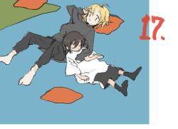 Rule 34 | 2girls, a channel, ahoge, alternate costume, bangs pinned back, barefoot, black hair, black pants, black shirt, black shorts, black socks, blonde hair, blue background, border, closed eyes, closed mouth, cushion, full body, funao oekaki, hand on another&#039;s chest, hand up, head on pillow, ichii tooru, knees up, looking at another, lying, momoki run, multiple girls, no shoes, on back, pants, shirt, short hair, short sleeves, shorts, sleeping, sleeping on person, smile, socks, white border, white shirt