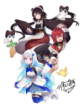 Rule 34 | > <, 3girls, :3, :d, ange katrina, ange katrina (1st costume), animal ears, animal hair ornament, apron, armband, banken (inui toko), bird, black coat, black sash, blue armband, blue eyes, blue hair, blue neckerchief, blue skirt, blue thighhighs, blunt bangs, blush, boots, brown collar, brown hair, brown kimono, buttons, cardigan, closed mouth, coat, collar, collared shrug, colored inner hair, commentary request, creature, crossed bangs, dog ears, double-breasted, dress, flower, frilled apron, frilled skirt, frilled sleeves, frills, group picture, hair between eyes, hair flower, hair intakes, hair ornament, hand up, heterochromia, highres, holding hands, inui toko, inui toko (1st costume), japanese clothes, kimono, knee boots, layered skirt, legwear garter, lize helesta, lize helesta (1st costume), long hair, long skirt, looking at viewer, low twintails, maid headdress, mandragora, mandragora (ange katrina), medium hair, miniskirt, multicolored hair, multiple girls, neckerchief, nijisanji, obi, obiage, obijime, off shoulder, one eye closed, open mouth, pleated skirt, purple eyes, red cardigan, red eyes, red hair, red skirt, ribbed shirt, sanbaka (nijisanji), sash, sebastian piyodore, shirt, shirt tucked in, short dress, shrug (clothing), signature, simple background, skirt, smile, streaked hair, thighhighs, triangle hair ornament, twintails, twitter username, two-tone hair, usushio, very long hair, virtual youtuber, waist apron, white apron, white background, white boots, white dress, white hair, white headdress, white shirt, white shrug, white skirt, yellow bird, yellow eyes, zettai ryouiki