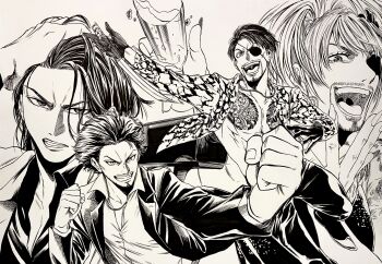 3boys absurdres afro beard black_footwear black_gloves black_hair black_pants black_shirt broken_bottle chain chain_necklace chest_tattoo clenched_hands crossdressing crossdressing_(mtf) dagger dress eyepatch facial_hair fake_nails ff2rose fingernails formal_clothes gloves goatee goromi greyscale gun handgun happy highres holding holding_dagger holding_knife holding_own_hair holding_weapon irezumi jacket jewelry kasuga_ichiban knife long_fingernails long_hair looking_at_viewer majima_goro male_chest monochrome multiple_boys mustache necklace nishikiyama_akira open_clothes open_jacket open_mouth pants ryuu_ga_gotoku_(series) ryuu_ga_gotoku_1 ryuu_ga_gotoku_7 ryuu_ga_gotoku_kiwami scale_print shirt short_sword sleeveless sleeveless_dress smile suit sword tantou tattoo v-shaped_eyebrows weapon white_background white_shirt wig yakuza