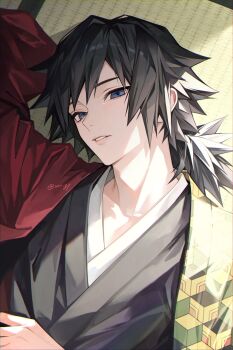 1boy black_hair black_kimono blue_eyes hair_between_eyes haori highres indoors japanese_clothes kimetsu_no_yaiba kimono long_hair looking_at_viewer low_ponytail lying male_focus on_back parted_lips ponytail red_haori solo spiked_hair sunlight teeth tomioka_giyuu twitter_username upper_body urr_gy