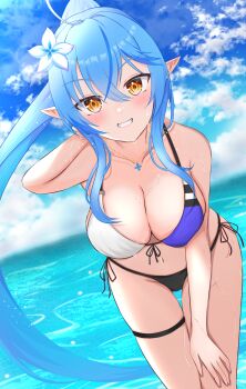 1girl ahoge arlonn bare_shoulders beach bikini blue_hair blush breasts cleavage cloud cloudy_sky collarbone commentary_request crossed_bangs cup day elf flower food front-tie_bikini_top front-tie_top hair_between_eyes hair_flower hair_ornament hand_on_own_thigh highres hololive large_breasts leaning_forward long_hair looking_at_viewer multicolored_hair navel ocean outdoors parted_lips pointy_ears ponytail side-tie_bikini_bottom sky smile solo stomach streaked_hair sunlight swimsuit teeth thigh_strap very_long_hair virtual_youtuber white_bikini yellow_eyes yukihana_lamy