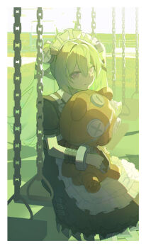 1girl absurdres animal_bag apron bear_bag black_dress closed_mouth corin_wickes cowboy_shot dress from_side green_hair hair_between_eyes hair_intakes hair_ornament highres holding holding_stuffed_toy hy_jinx long_hair looking_at_viewer maid maid_apron maid_headdress metal_wrist_cuffs on_swing outdoors purple_eyes screw_hair_ornament short_eyebrows sitting smile solo stadium stuffed_animal stuffed_toy swing teddy_bear thick_eyebrows twintails white_apron wrist_belt zenless_zone_zero