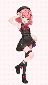 1girl absurdres armpits asymmetrical_legwear bandaid bandaid_on_knee bandaid_on_leg belt beret black_belt black_boots black_hat black_skirt black_socks black_thighhighs block_heels blush boots bow bowtie brooch center_frills clothes_lift commentary_request frilled_shirt frills gimhyeo09366967 green_eyes grey_shirt hair_ornament hairclip hanako_nana hand_up hat heart heart_o-ring high_heel_boots high_heels highres jewelry korean_commentary leg_up lifting_own_clothes miniskirt multicolored_hair o-ring o-ring_thigh_strap open_mouth paint_on_clothes paint_splatter pleated_skirt polka_dot polka_dot_background red_bow red_bowtie shirt single_thighhigh skirt skirt_lift sleeveless sleeveless_shirt smile socks solo standing standing_on_one_leg stellive streaked_hair suspenders thigh_strap thighhighs virtual_youtuber white_background wispy_bangs x_hair_ornament