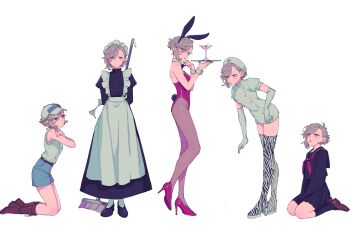 5girls :o absurdres animal_ear_hairband animal_ears animal_print apron asymmetrical_bangs baseball_cap belt black_dress black_sailor_collar black_serafuku black_shirt black_skirt blue_shorts boots broom brown_belt brown_boots brown_shoes buttons cat_ear_hairband cat_ears cherry closed_mouth detached_collar double-breasted dress elbow_gloves fake_animal_ears food frown fruit full_body fur-trimmed_jacket fur-trimmed_sleeves fur_trim gloves grey_eyes hairband hat high_heel_boots high_heels highres holding holding_behind_back holding_broom holding_hairband holding_tray jacket juliet_sleeves kabane_(rjev8385) kneeling leaning leotard loafers long_dress long_sleeves maid maid_apron maid_headdress margarita multiple_girls multiple_views neckerchief nurse_cap original playboy_bunny ponytail print_thighhighs puffy_short_sleeves puffy_sleeves rabbit_ear_hairband rabbit_ears red_leotard red_neckerchief sailor_collar school_uniform seiza serafuku shirt shoes short_dress short_hair short_ponytail short_sleeves shorts simple_background sitting skirt sleeveless sleeveless_shirt standing swept_bangs thighhighs tray white_apron white_background white_dress white_hat white_shirt white_thighhighs zebra_print