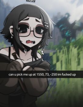1girl absurdres black-framed_eyewear black_eyes black_hair black_shirt blurry blurry_background choker commentary ear_piercing english_commentary english_text furrowed_brow game_screenshot_background glasses grass hair_ornament hairclip hands_up highres looking_at_viewer medium_hair mikuneki minecraft monster off-shoulder_shirt off_shoulder original outdoors parallel_hairclips piercing riyo_kaede_(mikuneki) screenshot_background semi-rimless_eyewear shirt sleeves_past_wrists tearing_up under-rim_eyewear upper_body warden_(minecraft)