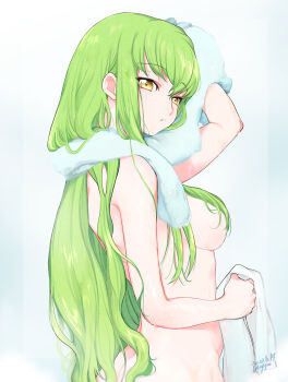 1girl arm_up breasts butt_crack c.c. closed_mouth code_geass drying drying_hair drying_own_hair from_side highres holding holding_towel long_hair looking_to_the_side medium_breasts noppo nude sideboob solo towel towel_around_neck wet wet_hair yellow_eyes