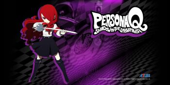 Rule 34 | 1girl, armband, atlus, bell, bell tower, black background, black boots, black skirt, boots, checkered background, clock, company name, copyright name, drill hair, fighting stance, full body, gears, gekkoukan high school uniform, grey background, hair over one eye, highres, holding, holding sword, holding weapon, kirijou mitsuru, long hair, long sleeves, neck ribbon, official art, official wallpaper, open mouth, oribe hanako, persona, persona 3, persona q: shadow of the labyrinth, persona q (series), purple background, rapier, red armband, red eyes, red hair, red ribbon, ribbon, s.e.e.s, school uniform, second-party source, shirt, silk, skirt, solo, spider web, sword, weapon, white shirt