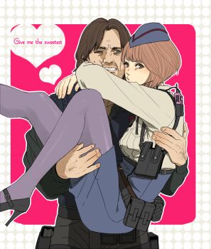 Rule 34 | 1boy, 1girl, bad id, bad pixiv id, blue pantyhose, bob cut, brown hair, carrying, couple, english text, garrison cap, hat, hetero, high-waist skirt, high heels, jessica sherawat, o3o, one eye closed, pantyhose, parker luciani, pencil skirt, princess carry, resident evil, resident evil: revelations, shitara (kaimetsu joutai), skirt