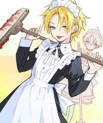 Rule 34 | 2boys, alternate costume, apron, black dress, blonde hair, blood, blood on clothes, blood on face, closed mouth, crossdressing, dress, ear piercing, enmaided, frills, green eyes, holding, holding mop, long sleeves, looking at viewer, maid, maid headdress, male focus, mop, multiple boys, original, piercing, pillow (nutsfool), simple background, solo focus, tongue, tongue out, trap, white apron